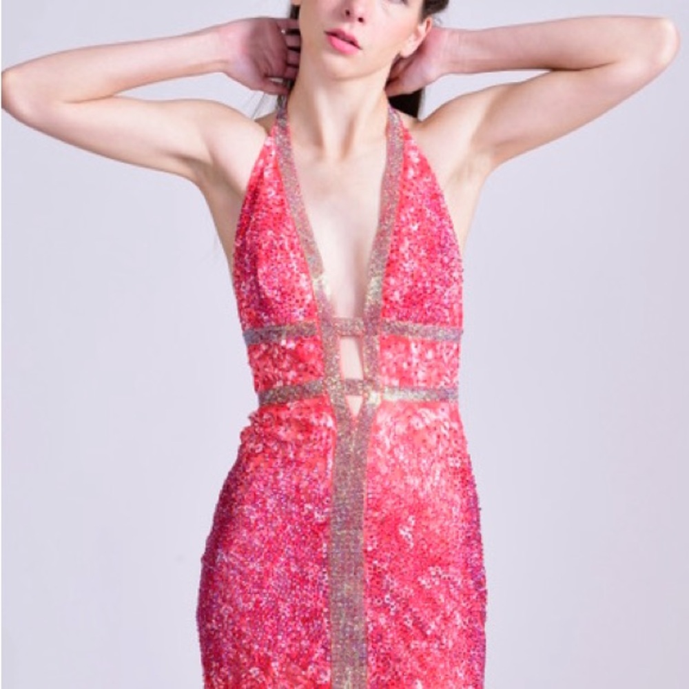 Sherri Hill Pink and Gold Backless Dress